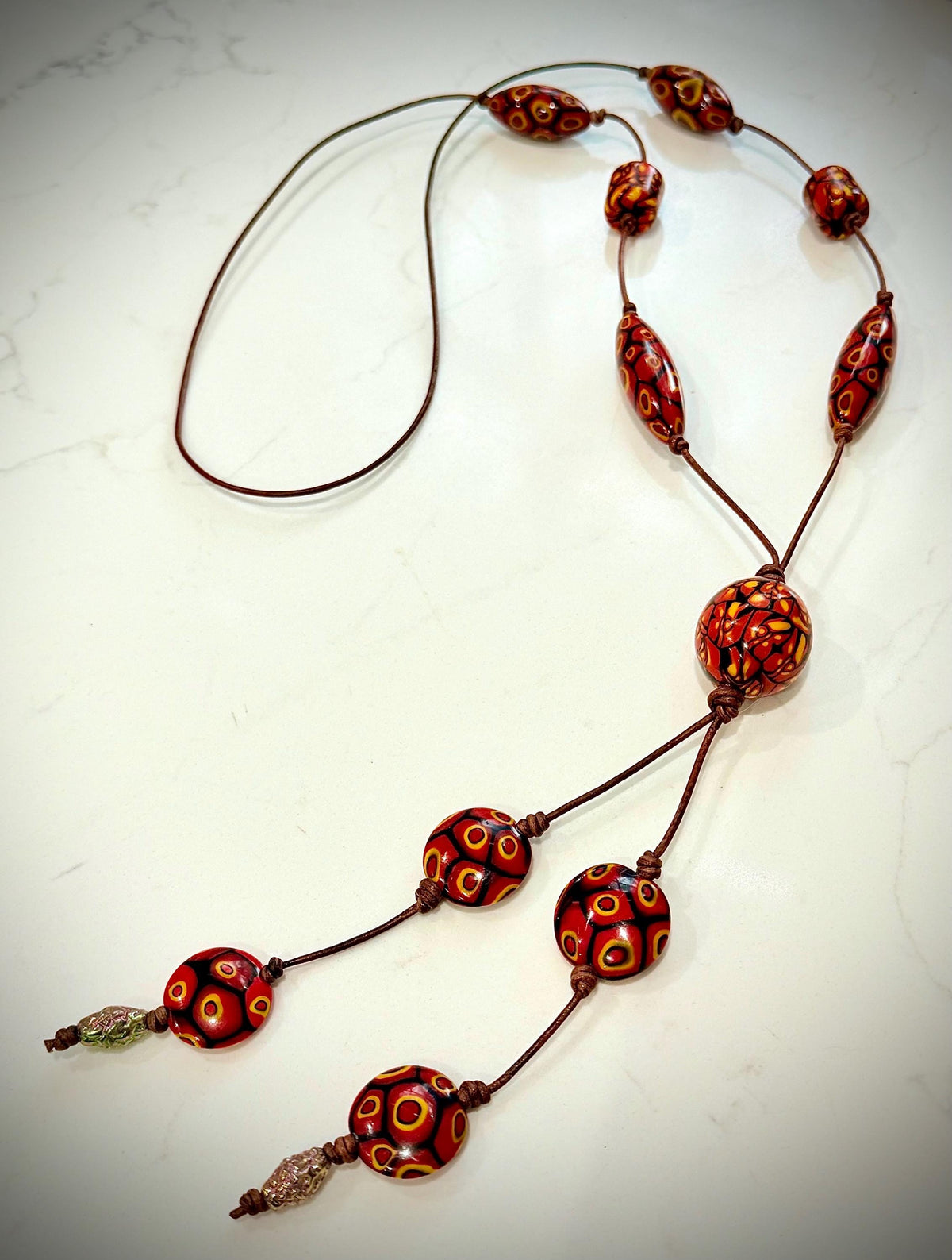 Rosario Leonardi Leather Fire Lariat Necklace-Featuring Exclusive Ercole Moretti Beads