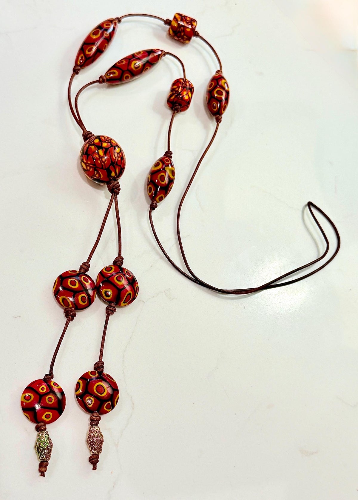 Rosario Leonardi Leather Fire Lariat Necklace-Featuring Exclusive Ercole Moretti Beads