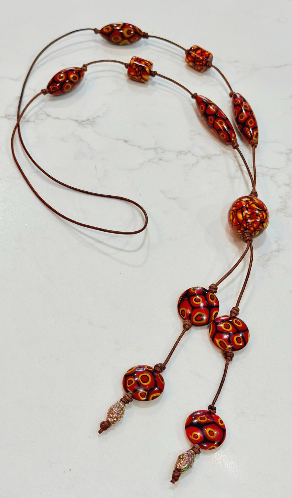 Rosario Leonardi Leather Fire Lariat Necklace-Featuring Exclusive Ercole Moretti Beads