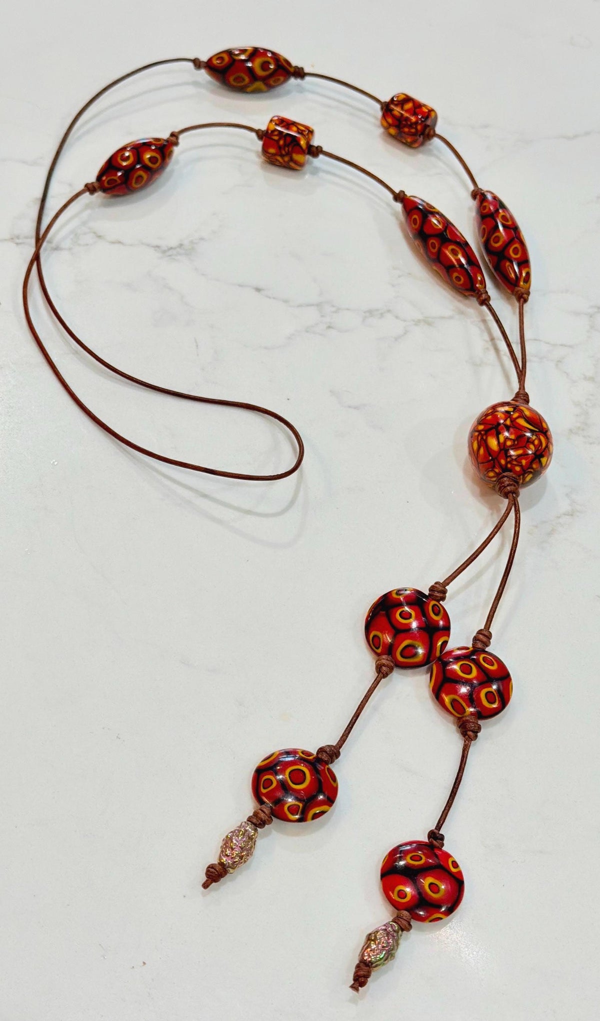 Rosario Leonardi Leather Fire Lariat Necklace-Featuring Exclusive Ercole Moretti Beads