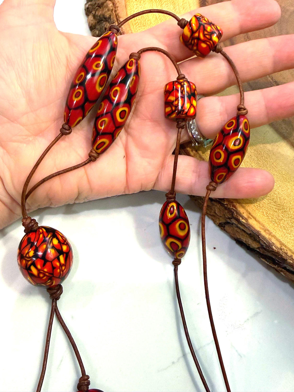 Rosario Leonardi Leather Fire Lariat Necklace-Featuring Exclusive Ercole Moretti Beads