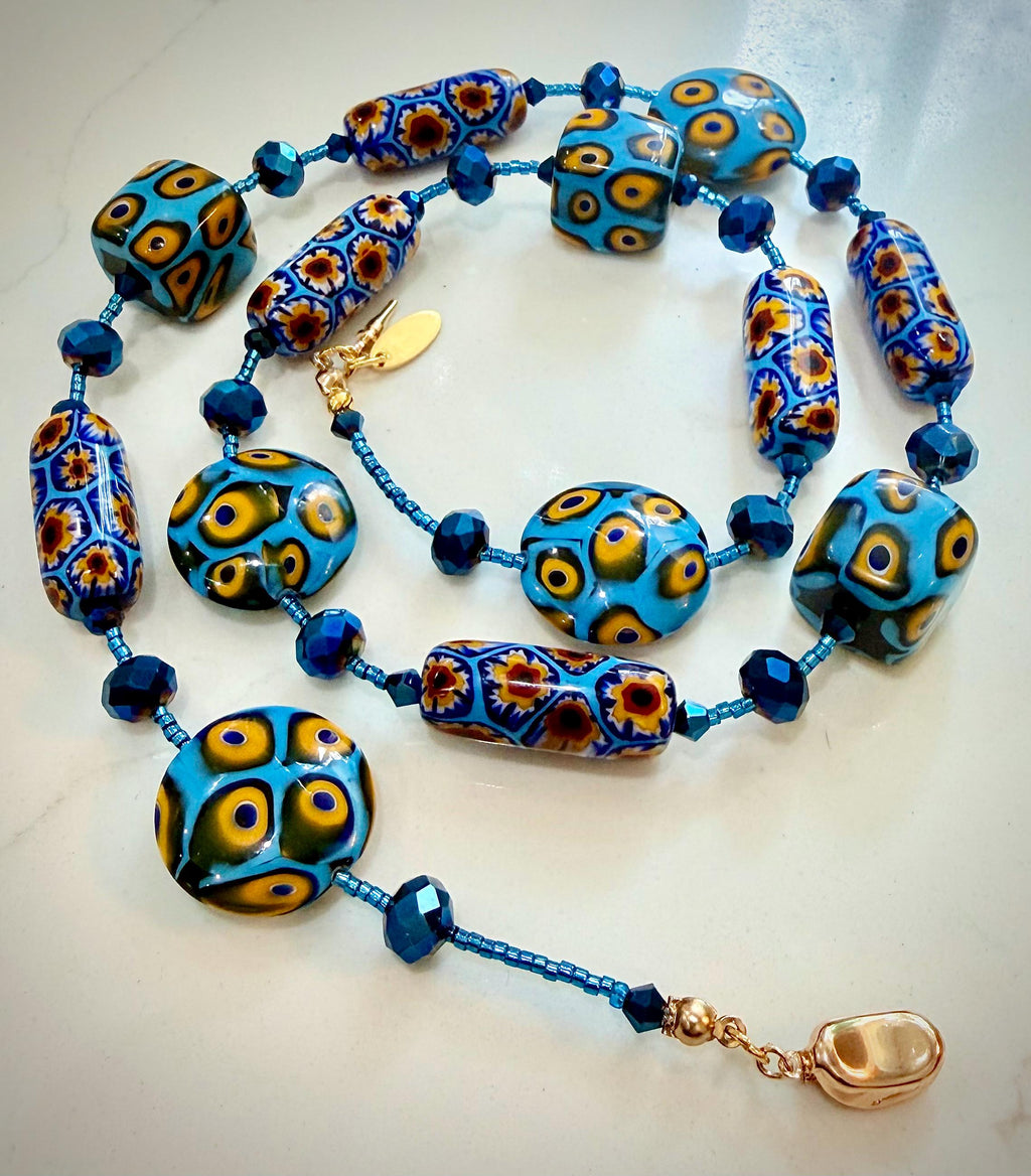 Rosario Leonardi Murano Millefiori Glass Necklace – Aqua Yellow Ercole Moretti Beads