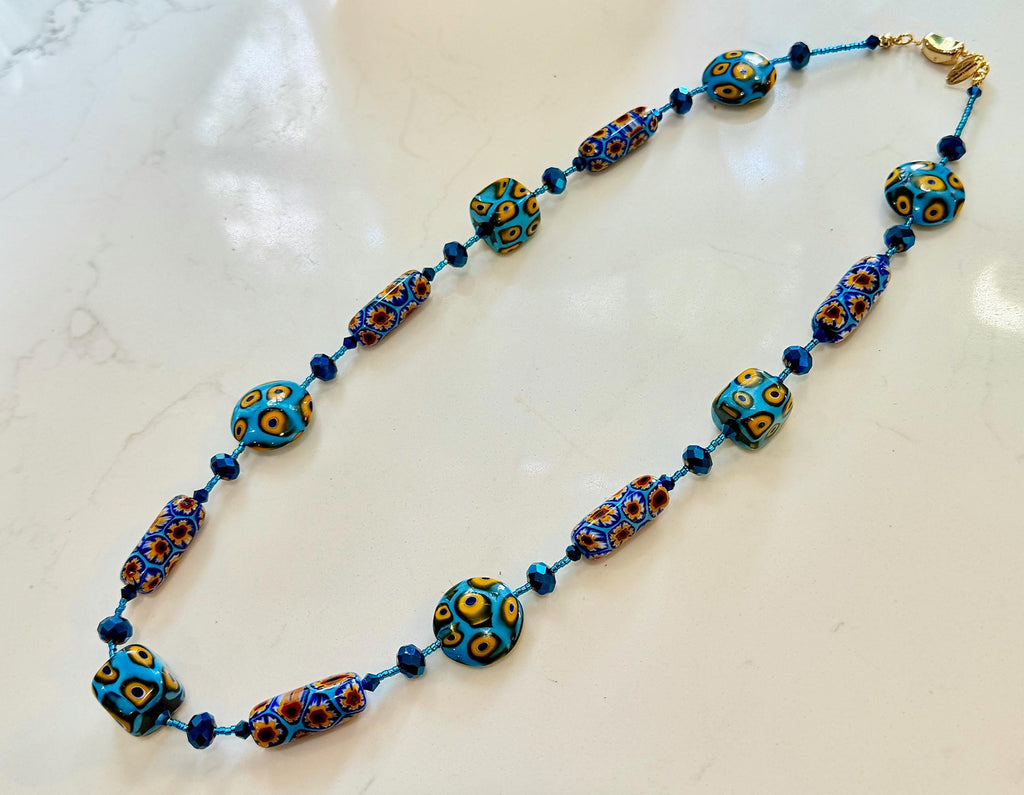 Rosario Leonardi Murano Millefiori Glass Necklace – Aqua Yellow Ercole Moretti Beads