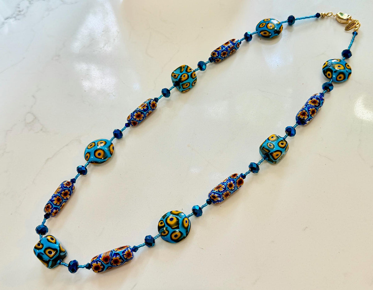 Rosario Leonardi Murano Millefiori Glass Necklace – Aqua Yellow Ercole Moretti Beads