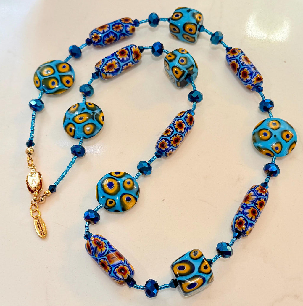 Rosario Leonardi Murano Millefiori Glass Necklace – Aqua Yellow Ercole Moretti Beads