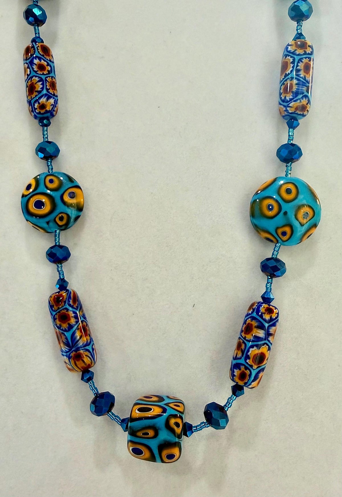 Rosario Leonardi Murano Millefiori Glass Necklace – Aqua Yellow Ercole Moretti Beads