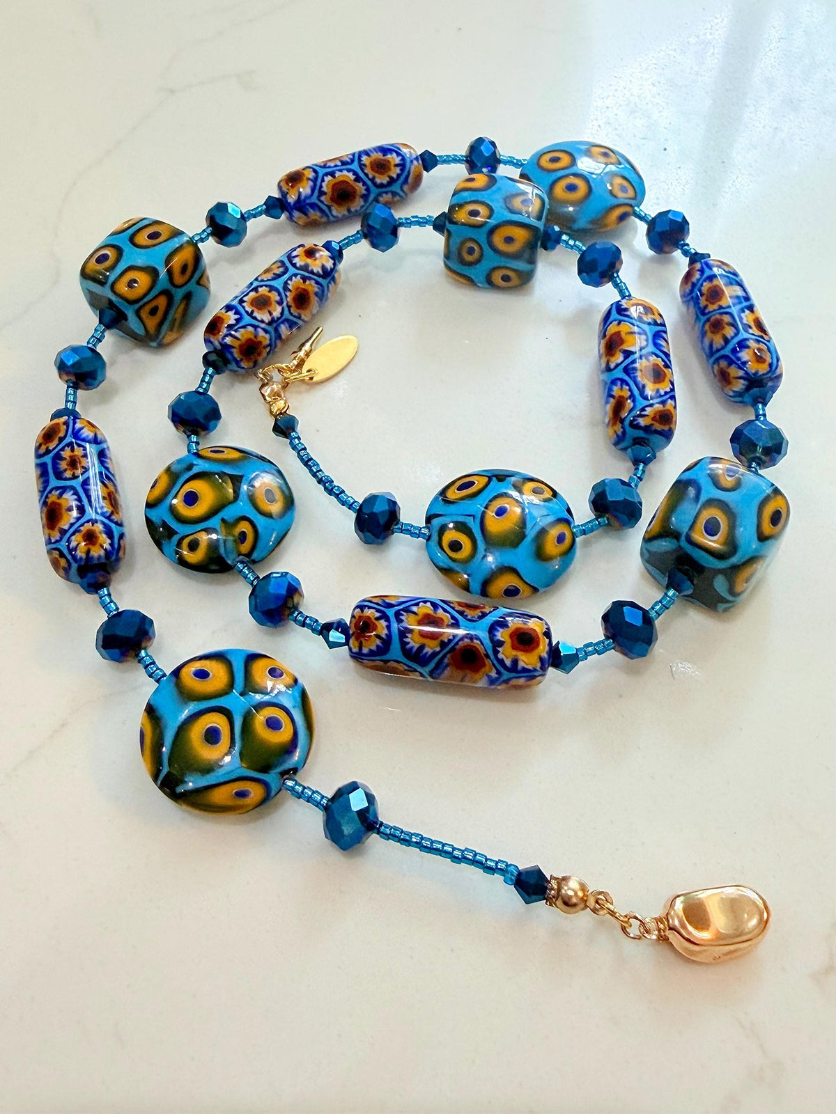 Rosario Leonardi Murano Millefiori Glass Necklace – Aqua Yellow Ercole Moretti Beads
