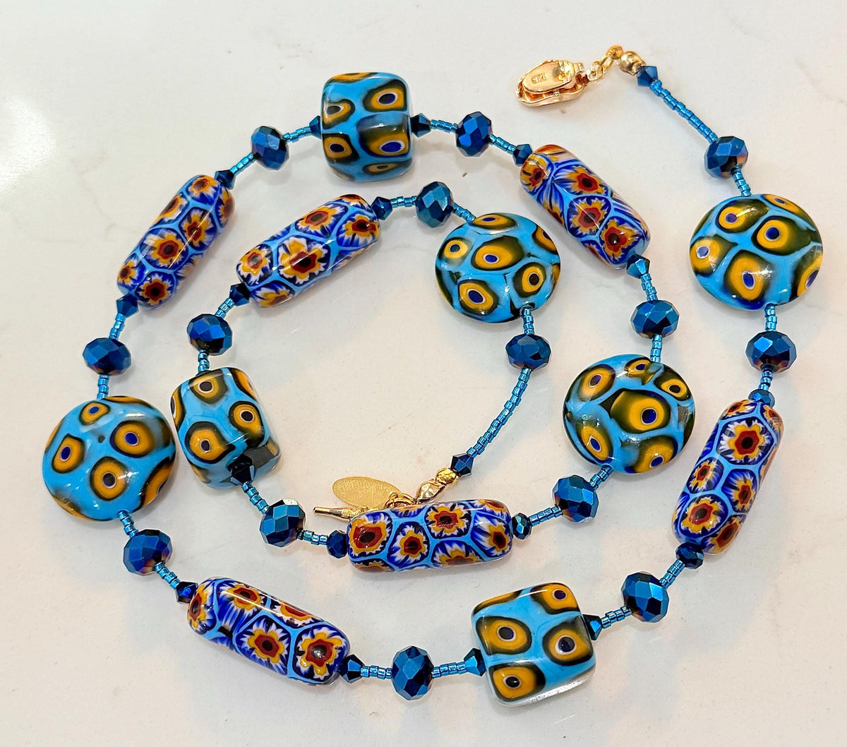 Rosario Leonardi Murano Millefiori Glass Necklace – Aqua Yellow Ercole Moretti Beads