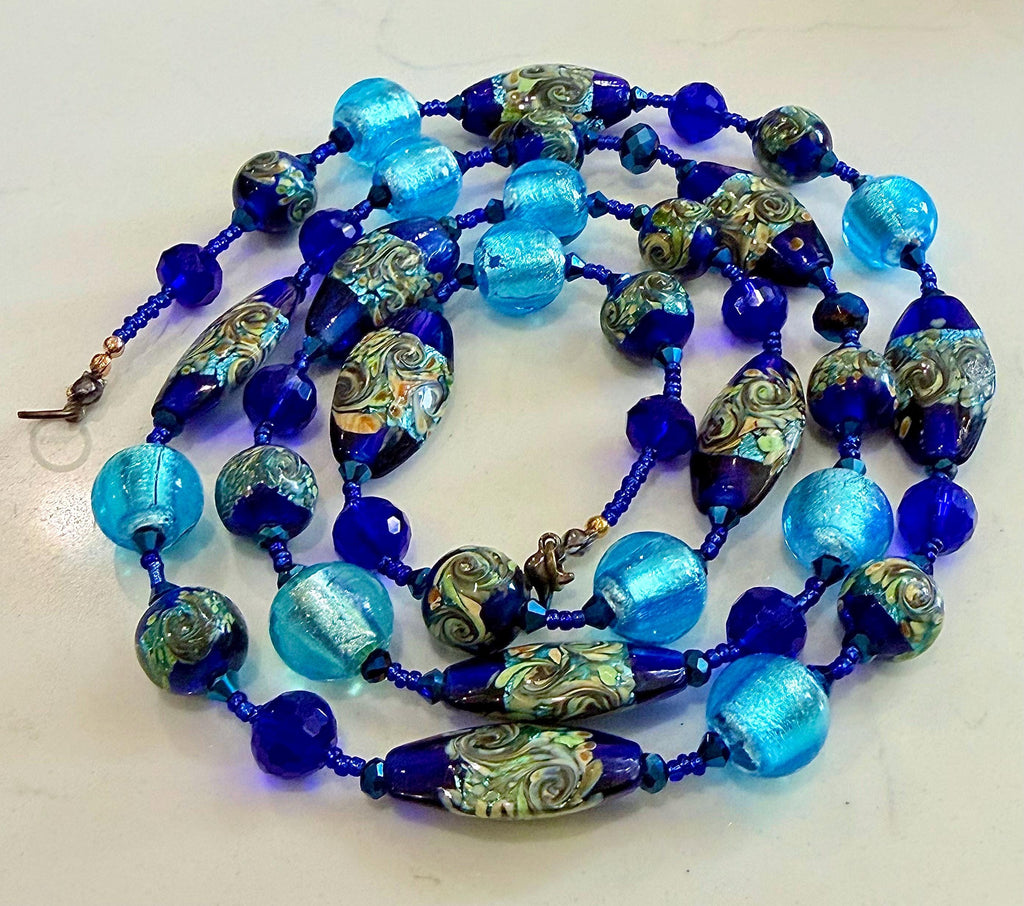 CLOSE OUT Rosario Leonardi Extra Long Cobalt And Aqua Blue Lampwork Glass Necklace