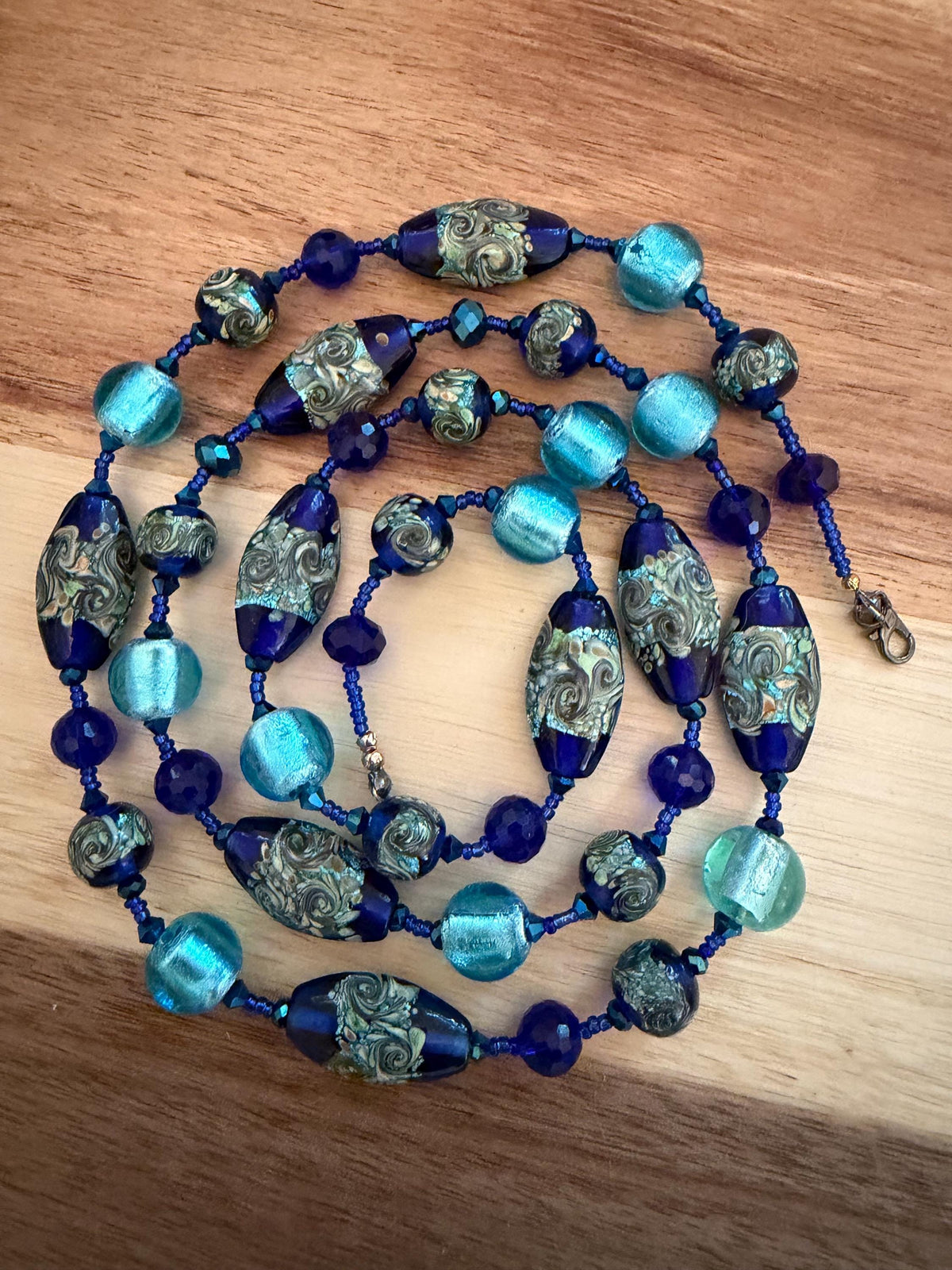 CLOSE OUT Rosario Leonardi Extra Long Cobalt And Aqua Blue Lampwork Glass Necklace