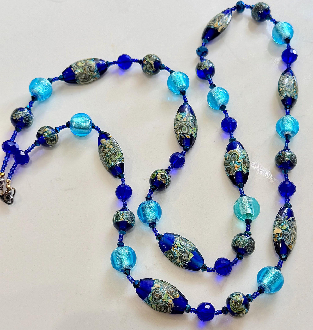 CLOSE OUT Rosario Leonardi Extra Long Cobalt And Aqua Blue Lampwork Glass Necklace