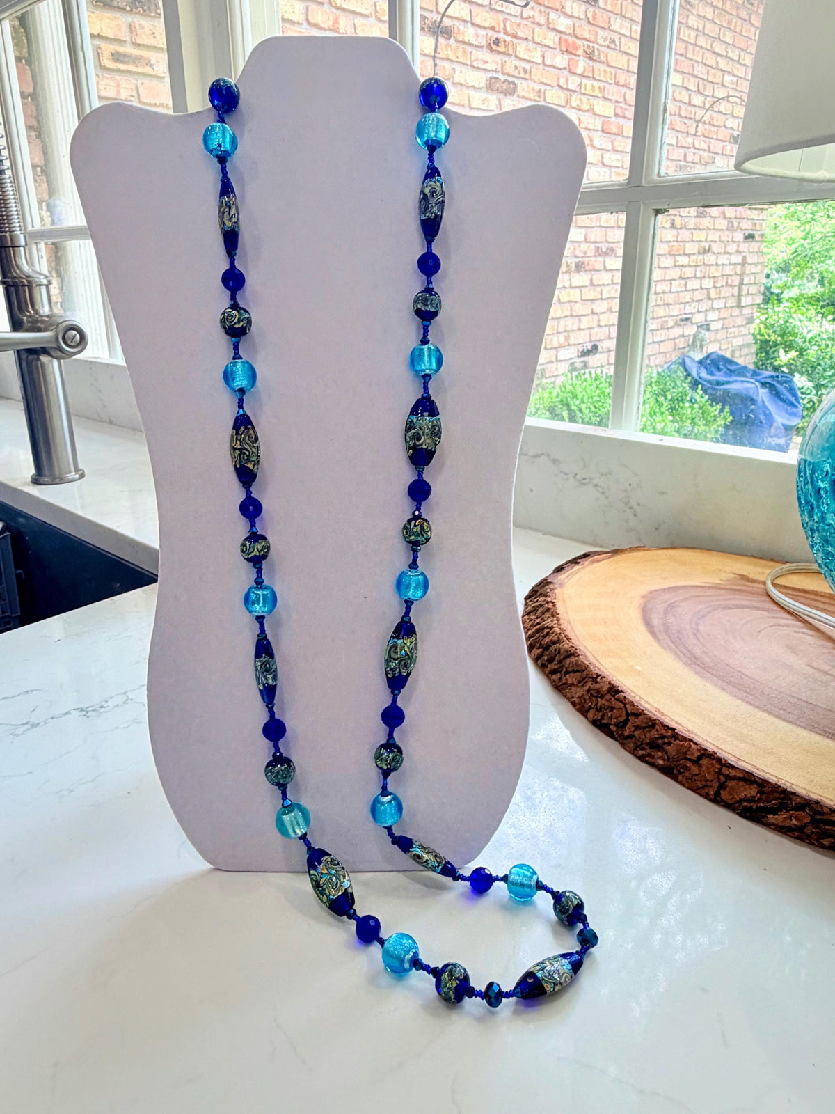 CLOSE OUT Rosario Leonardi Extra Long Cobalt And Aqua Blue Lampwork Glass Necklace