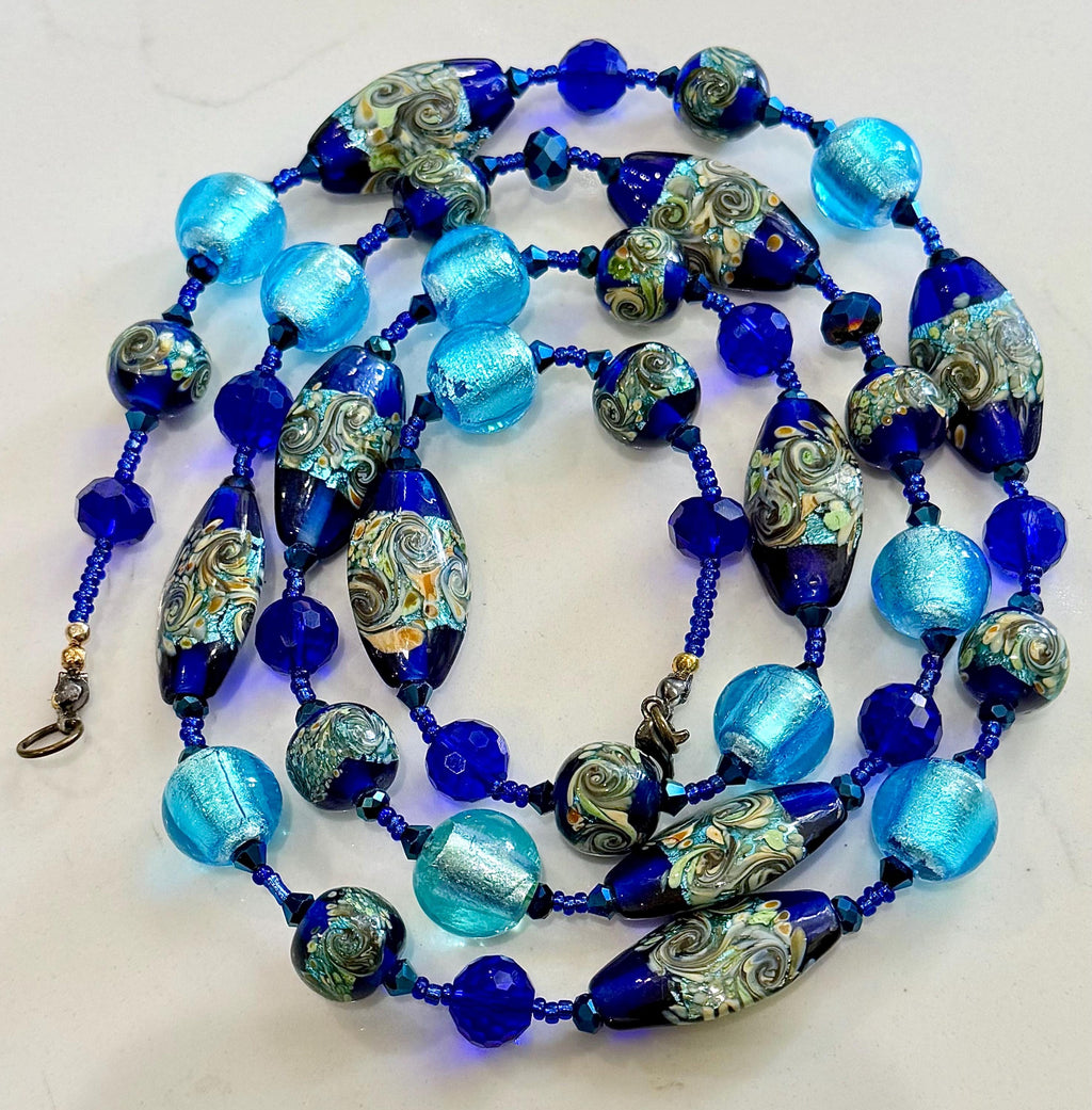CLOSE OUT Rosario Leonardi Extra Long Cobalt And Aqua Blue Lampwork Glass Necklace