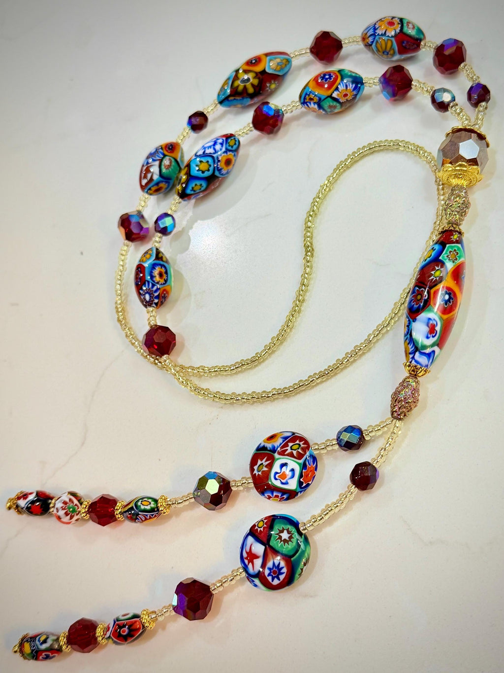 Rosario Leonardi Lariat Necklace, Ercole Moretti Murano Millefiori Glass Beads, Vintage Swarovski Crystals 42”
