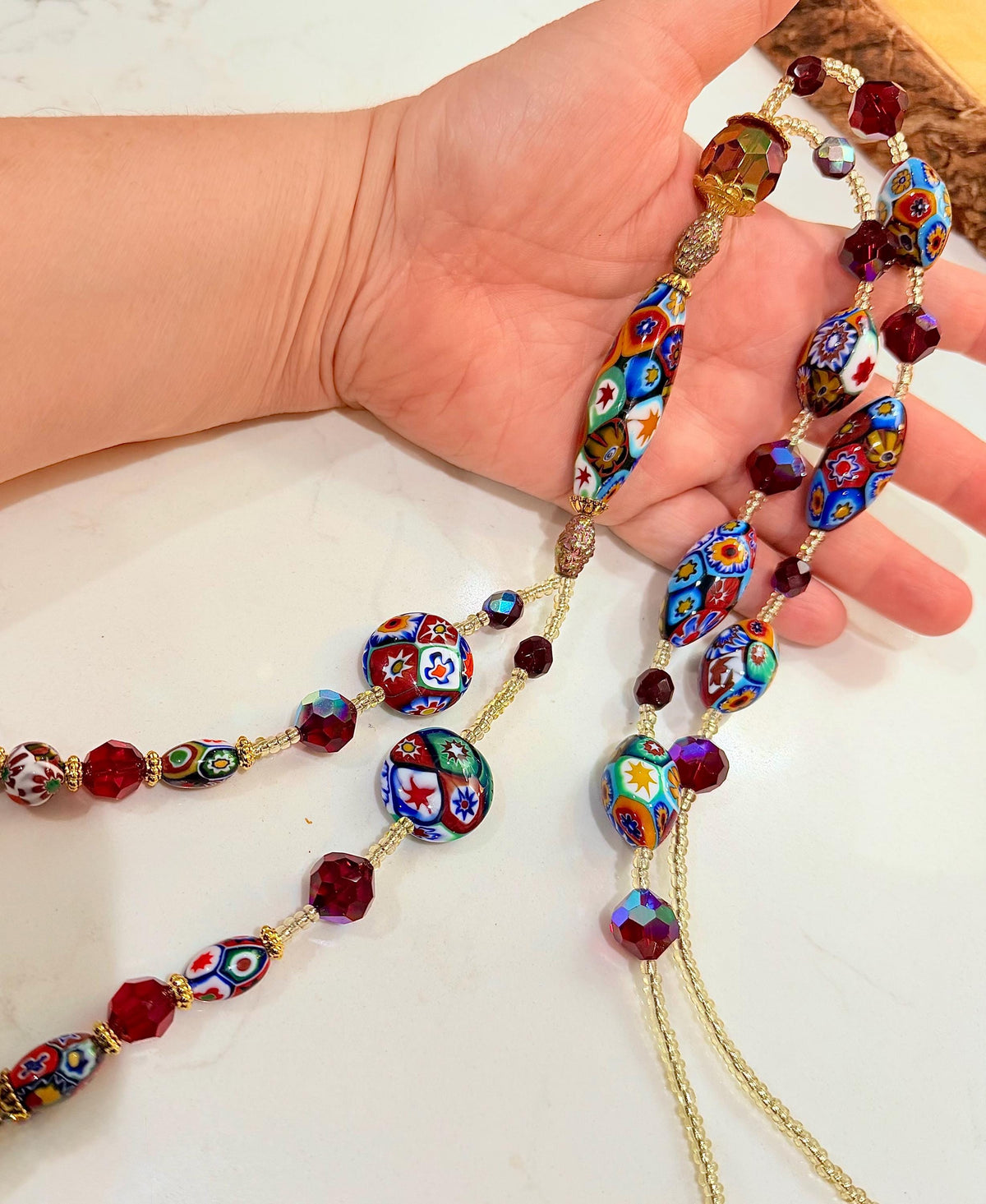 Rosario Leonardi Lariat Necklace, Ercole Moretti Murano Millefiori Glass Beads, Vintage Swarovski Crystals 42”