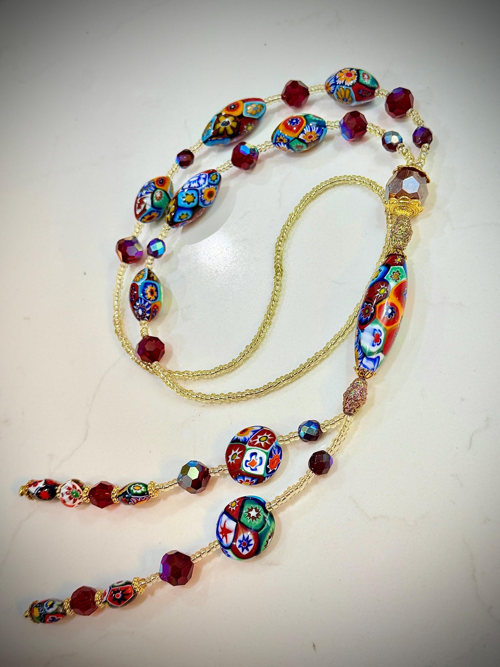 Rosario Leonardi Lariat Necklace, Ercole Moretti Murano Millefiori Glass Beads, Vintage Swarovski Crystals 42”