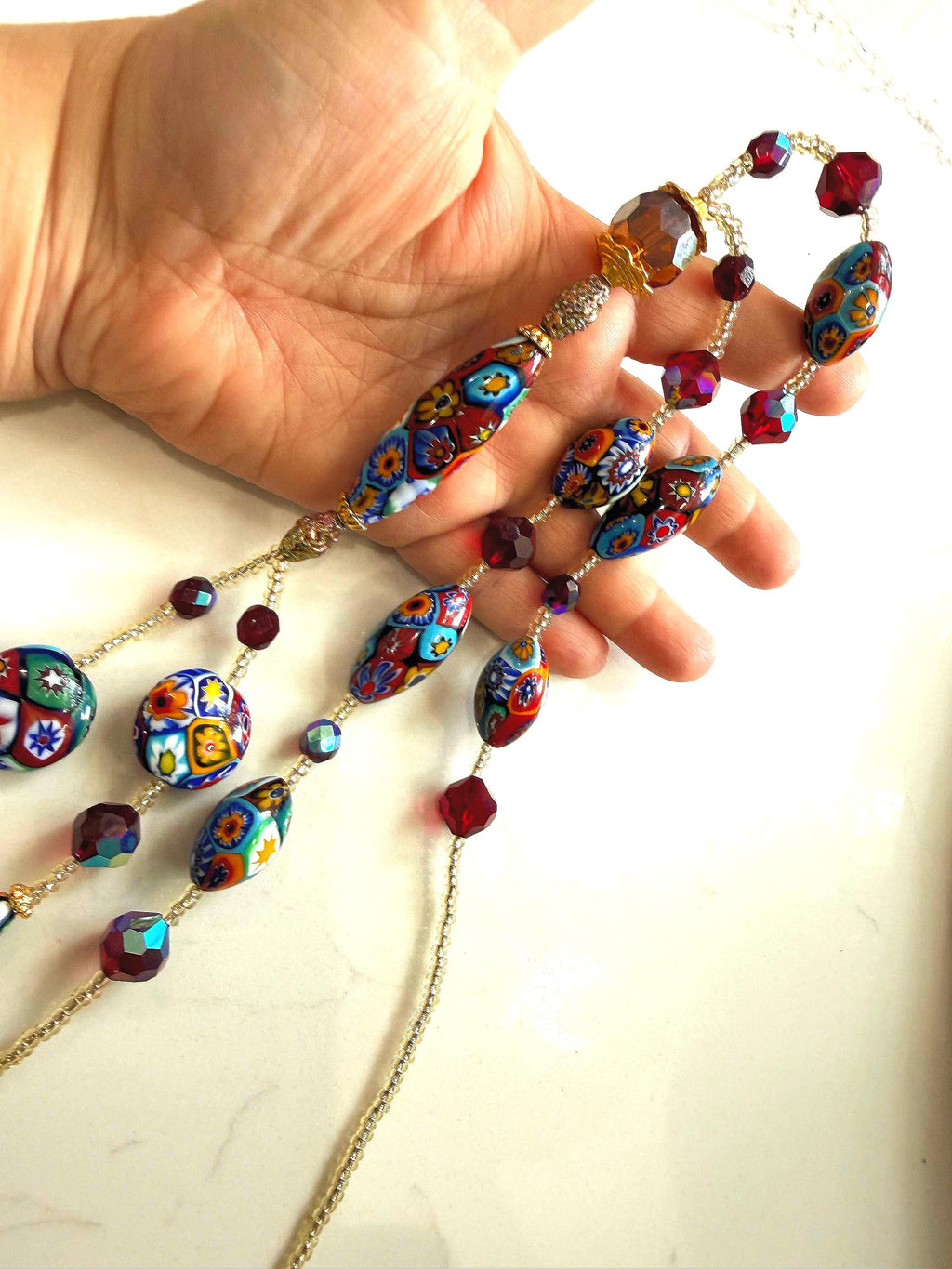 Rosario Leonardi Lariat Necklace, Ercole Moretti Murano Millefiori Glass Beads, Vintage Swarovski Crystals 42”
