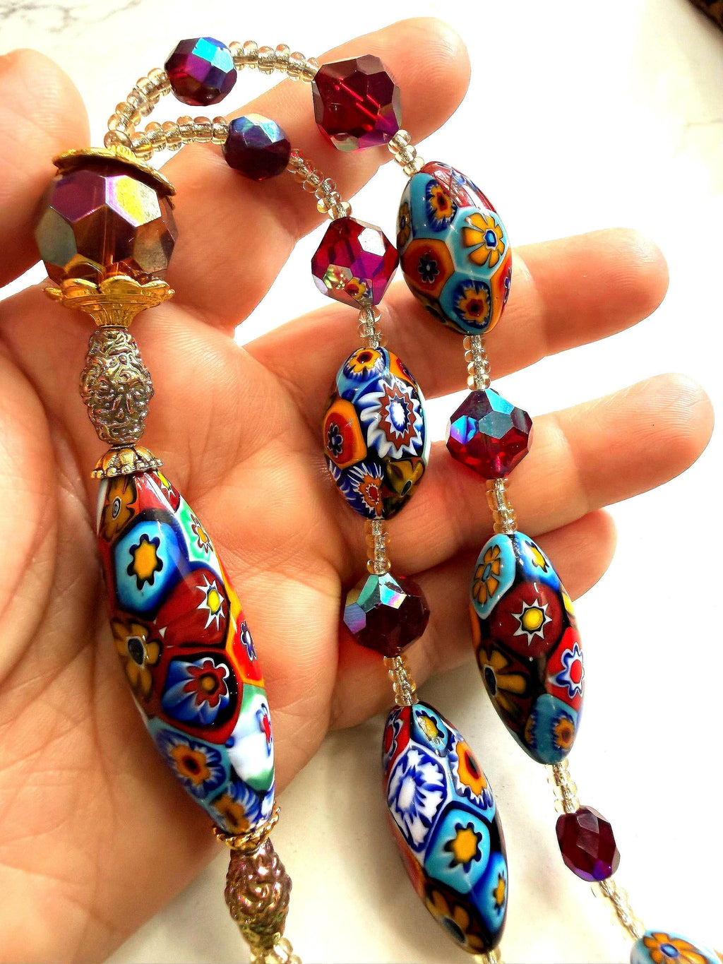 Rosario Leonardi Lariat Necklace, Ercole Moretti Murano Millefiori Glass Beads, Vintage Swarovski Crystals 42”