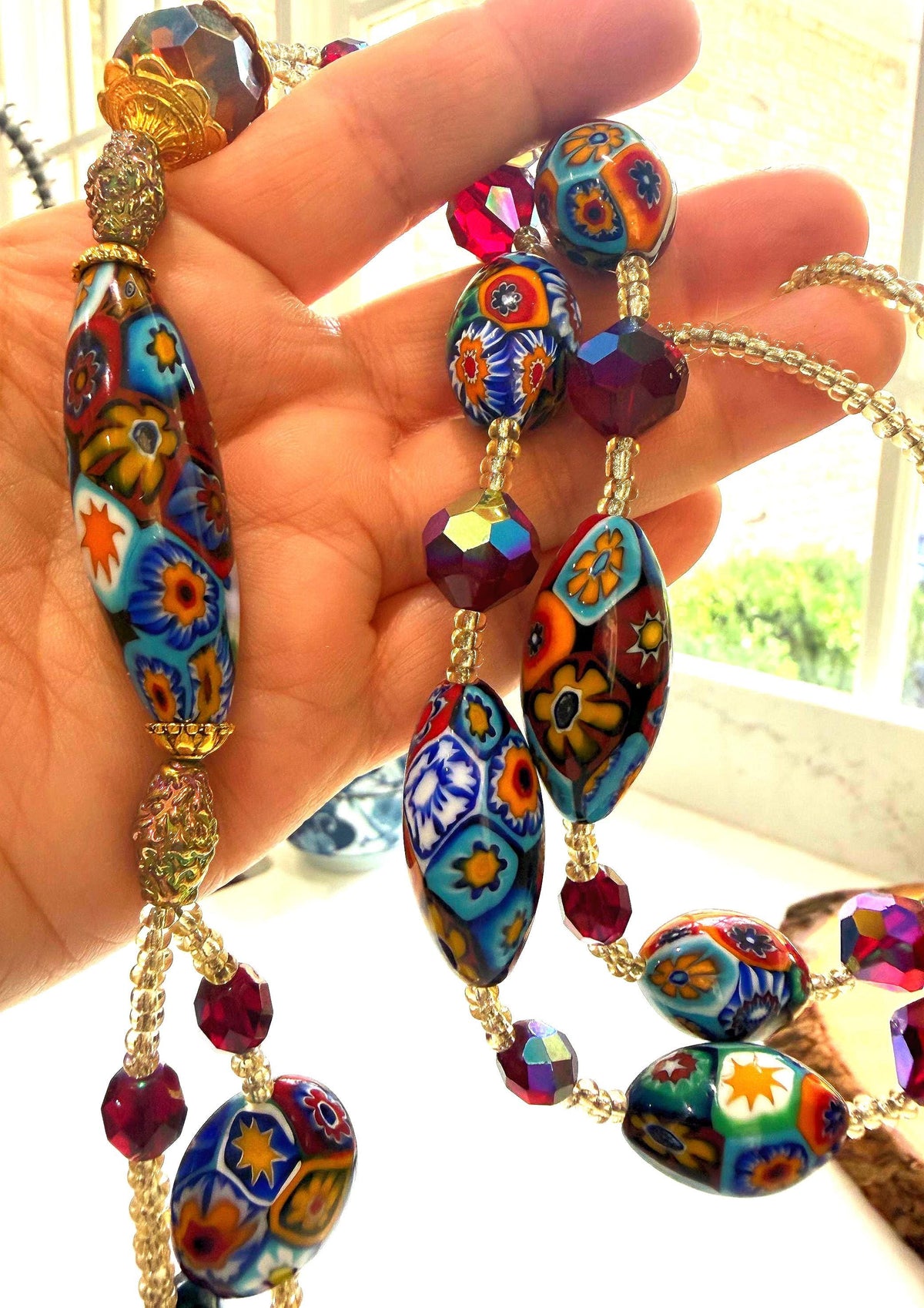 Rosario Leonardi Lariat Necklace, Ercole Moretti Murano Millefiori Glass Beads, Vintage Swarovski Crystals 42”