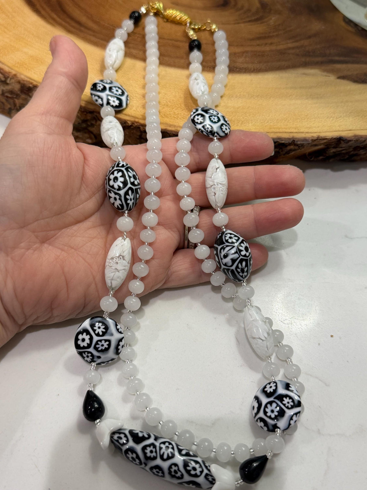 Double Strand Rosario Leonardi Black & White Necklace, Featuring Custom Ercole Moretti Beads