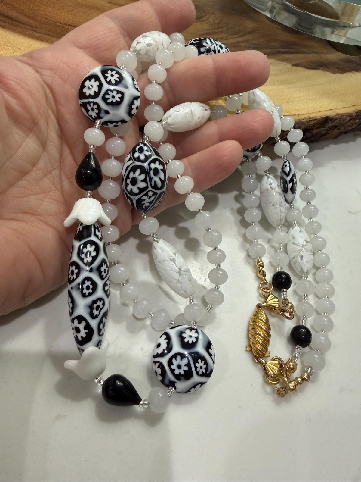 Double Strand Rosario Leonardi Black & White Necklace, Featuring Custom Ercole Moretti Beads