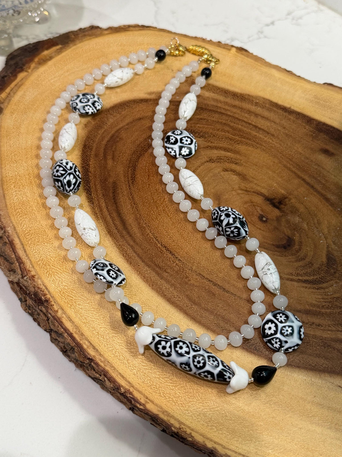 Double Strand Rosario Leonardi Black & White Necklace, Featuring Custom Ercole Moretti Beads