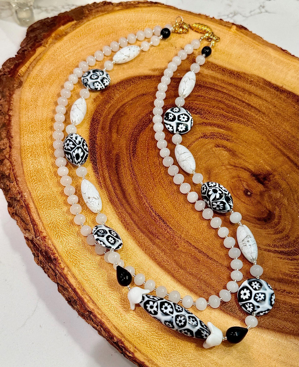 Double Strand Rosario Leonardi Black & White Necklace, Featuring Custom Ercole Moretti Beads