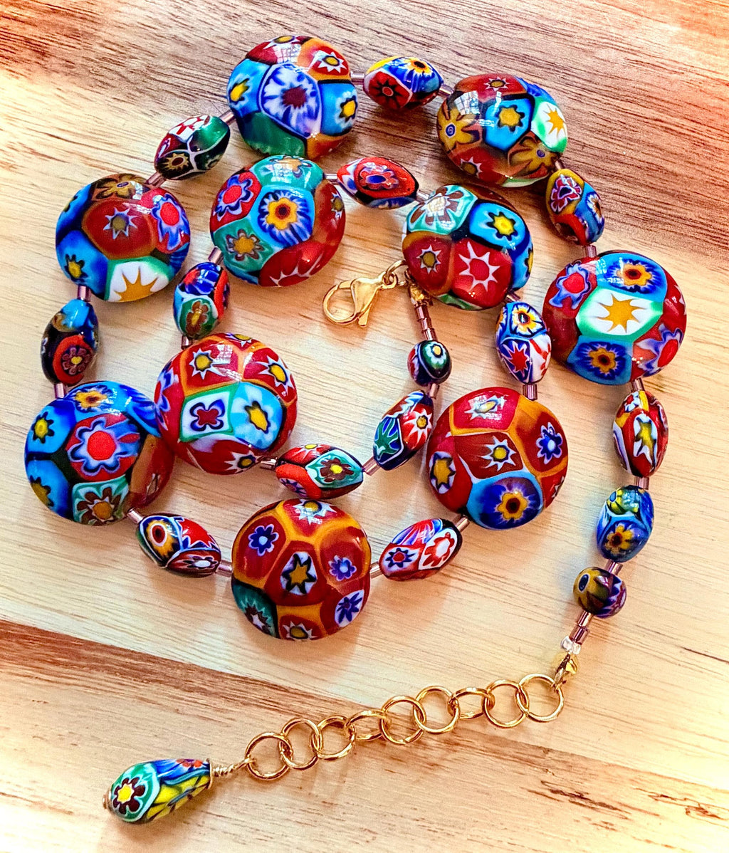 Rosario Leonardi Murano Coin Shaped Millefiori Glass Bead Necklace Featuring Ercole Moretti Beads