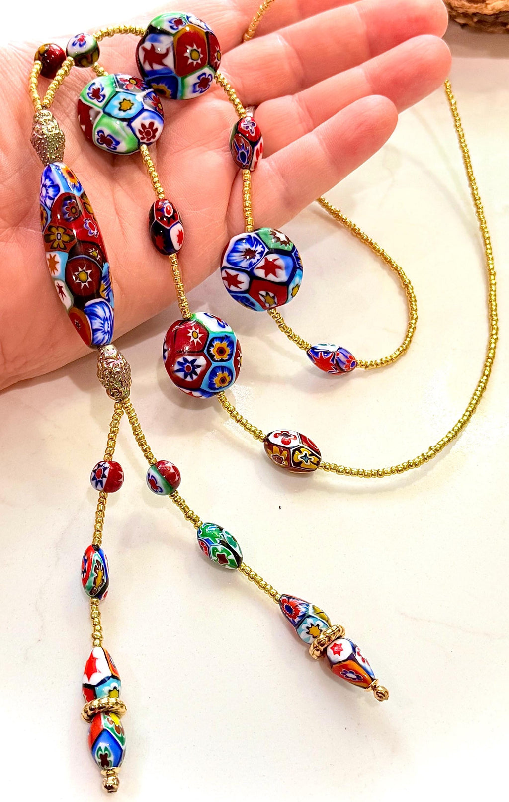 Rosario Leonardi Red Themed Murano Millefiori Glass Bead Lariat Necklace-Exclusive Ercole Moretti Beads