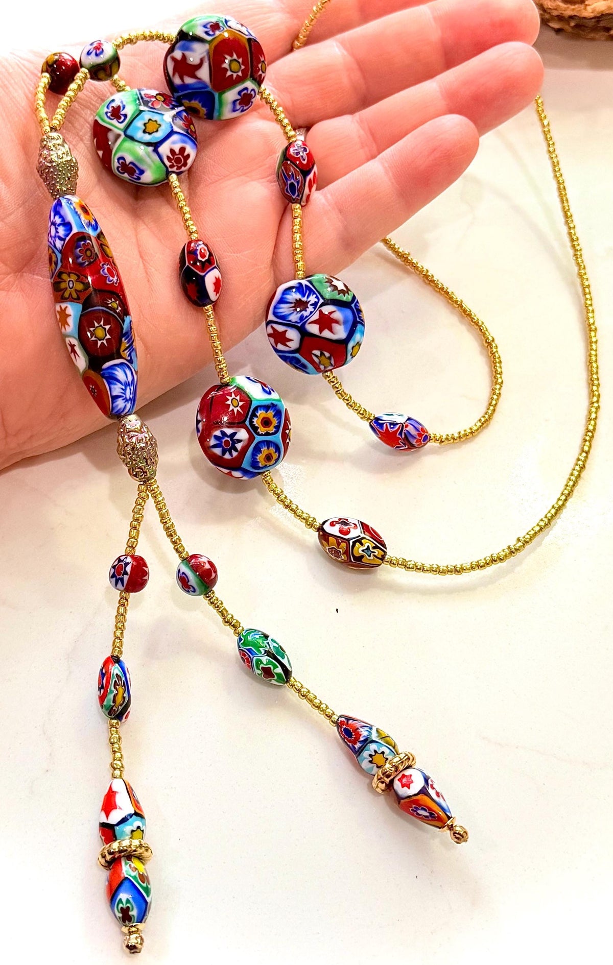 Rosario Leonardi Red Themed Murano Millefiori Glass Bead Lariat Necklace-Exclusive Ercole Moretti Beads