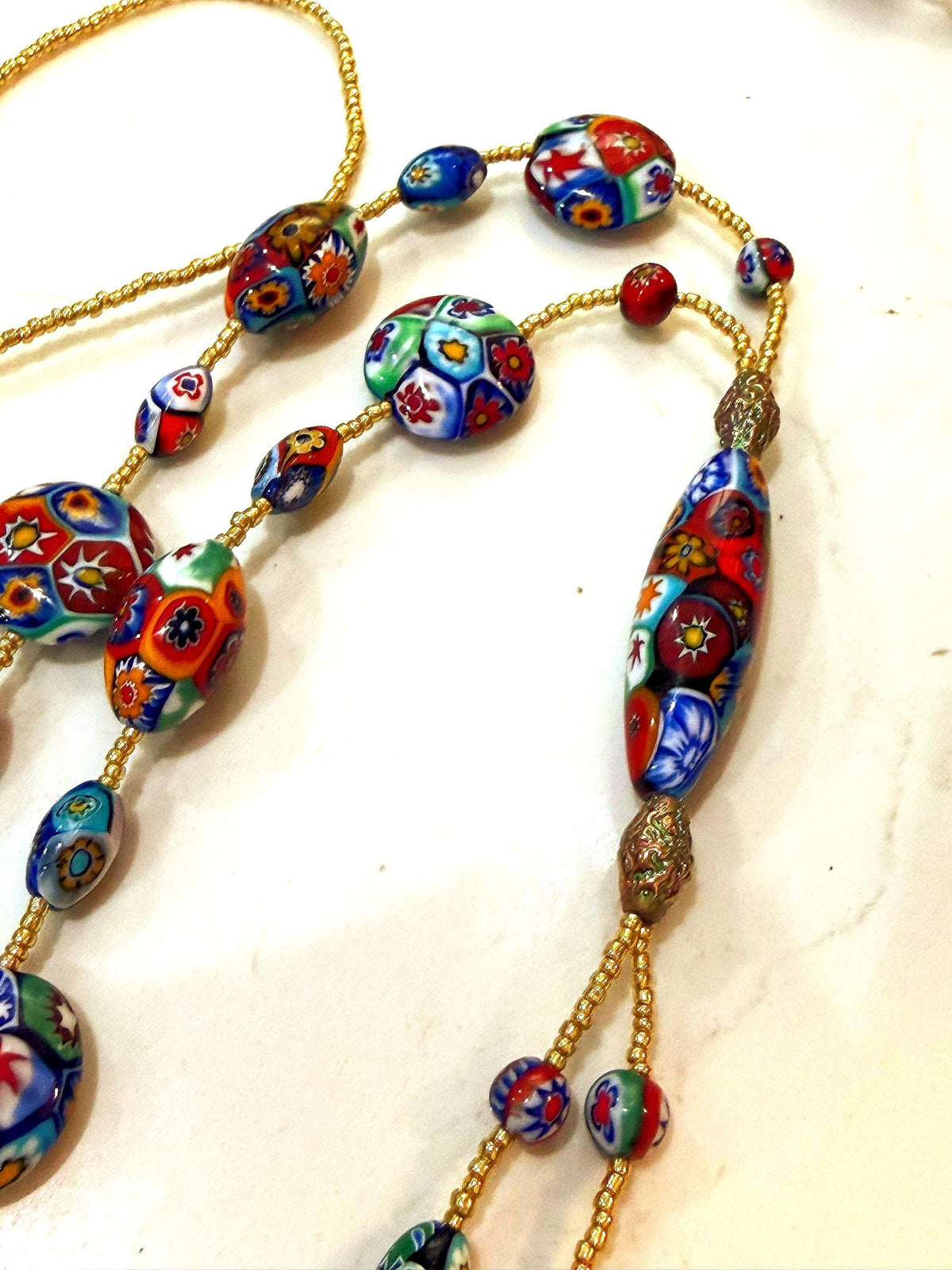 Rosario Leonardi Red Themed Murano Millefiori Glass Bead Lariat Necklace-Exclusive Ercole Moretti Beads