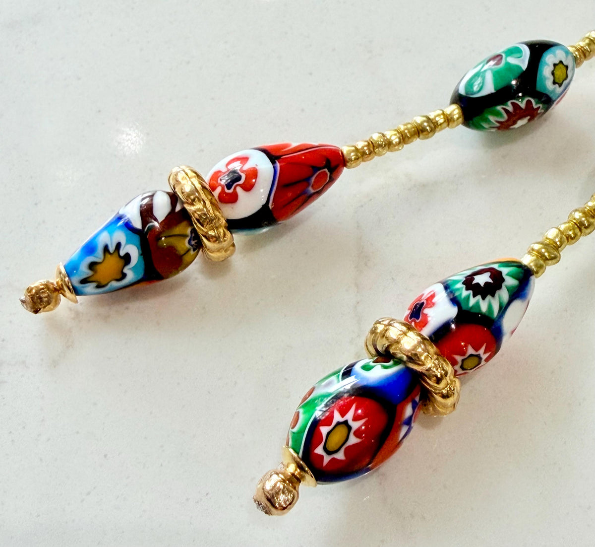 Rosario Leonardi Red Themed Murano Millefiori Glass Bead Lariat Necklace-Exclusive Ercole Moretti Beads