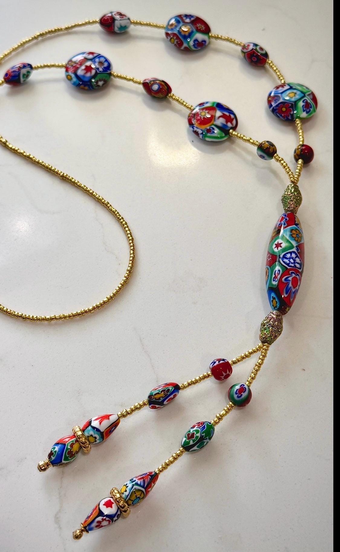 Rosario Leonardi Red Themed Murano Millefiori Glass Bead Lariat Necklace-Exclusive Ercole Moretti Beads
