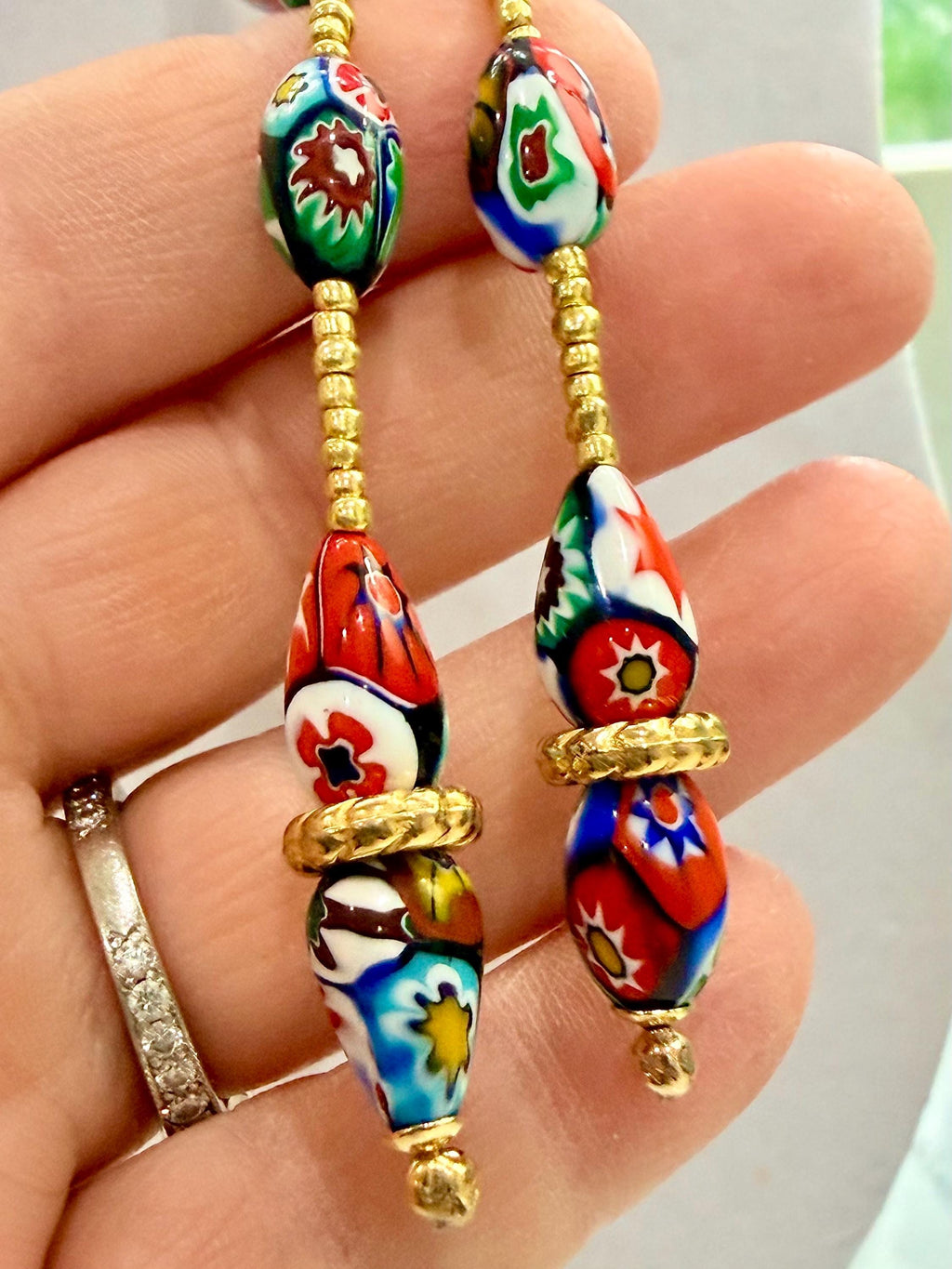 Rosario Leonardi Red Themed Murano Millefiori Glass Bead Lariat Necklace-Exclusive Ercole Moretti Beads