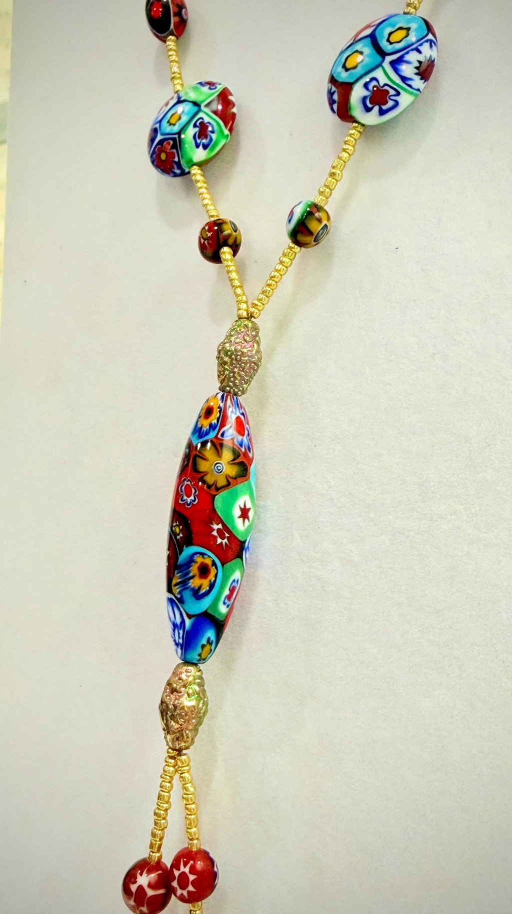 Rosario Leonardi Red Themed Murano Millefiori Glass Bead Lariat Necklace-Exclusive Ercole Moretti Beads