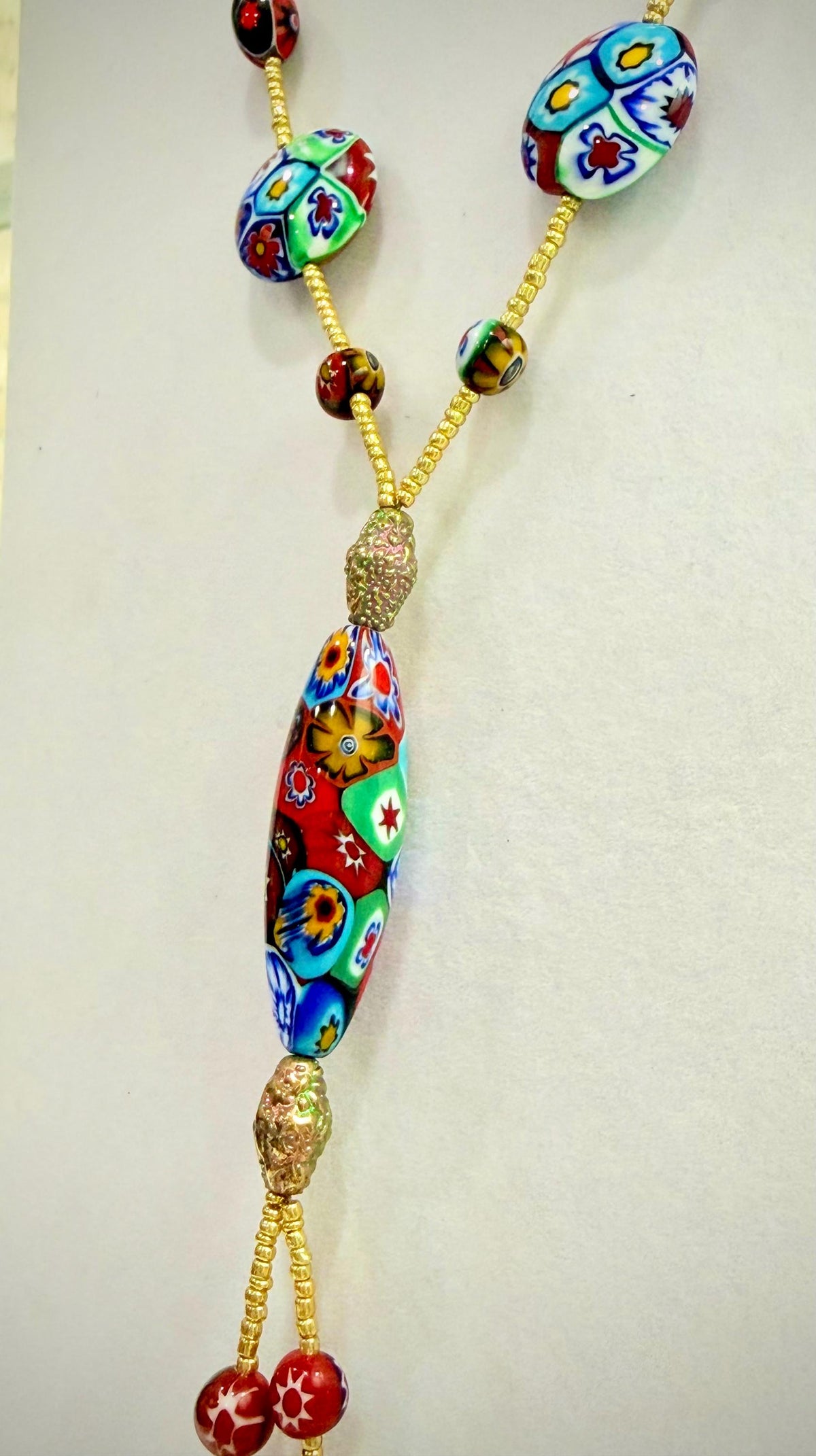 Rosario Leonardi Red Themed Murano Millefiori Glass Bead Lariat Necklace-Exclusive Ercole Moretti Beads