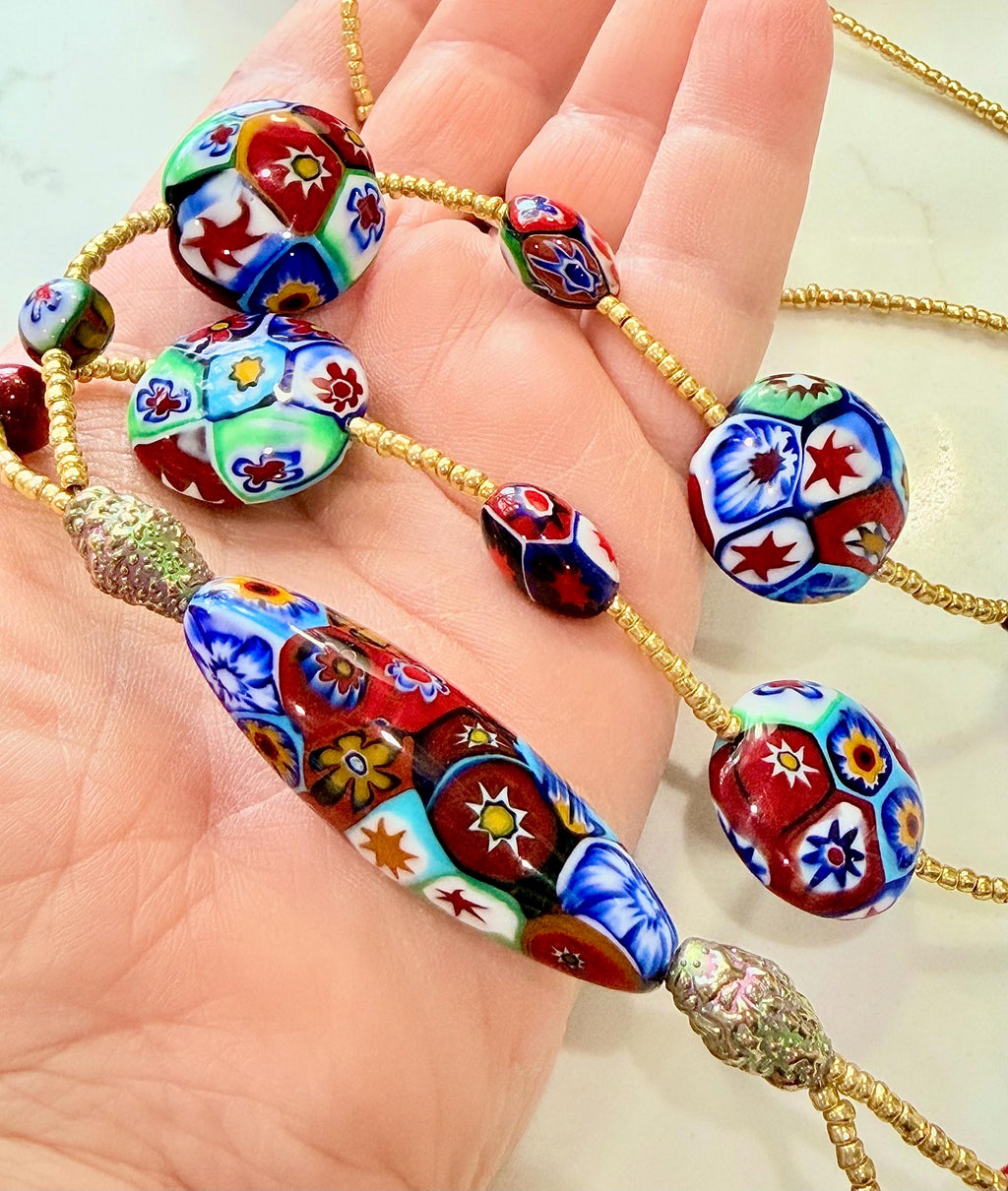 Rosario Leonardi Red Themed Murano Millefiori Glass Bead Lariat Necklace-Exclusive Ercole Moretti Beads