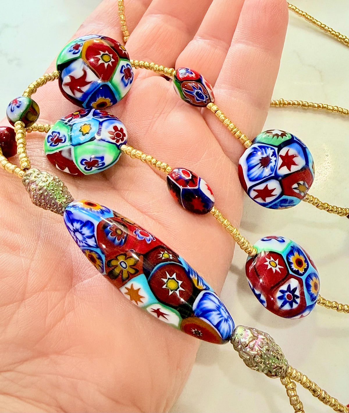 Rosario Leonardi Red Themed Murano Millefiori Glass Bead Lariat Necklace-Exclusive Ercole Moretti Beads