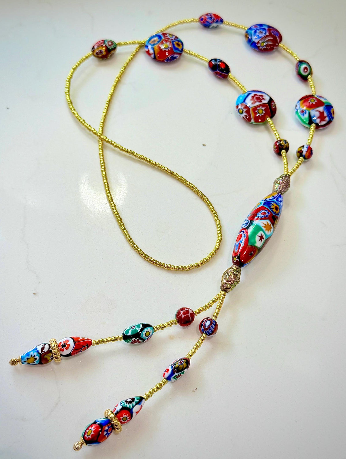 Rosario Leonardi Red Themed Murano Millefiori Glass Bead Lariat Necklace-Exclusive Ercole Moretti Beads