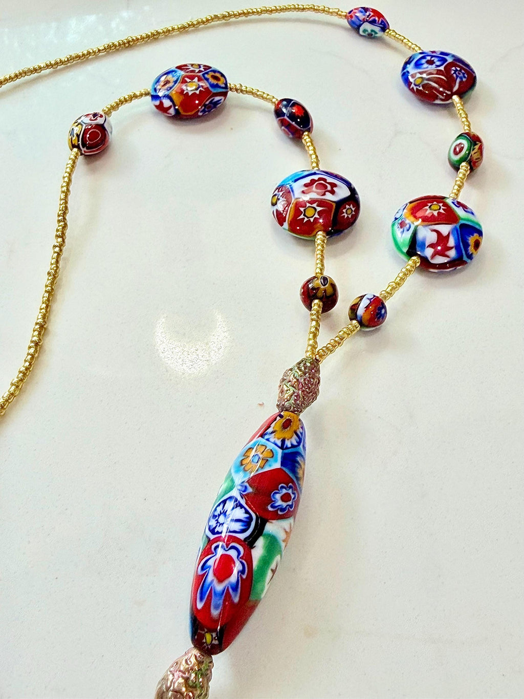 Rosario Leonardi Red Themed Murano Millefiori Glass Bead Lariat Necklace-Exclusive Ercole Moretti Beads