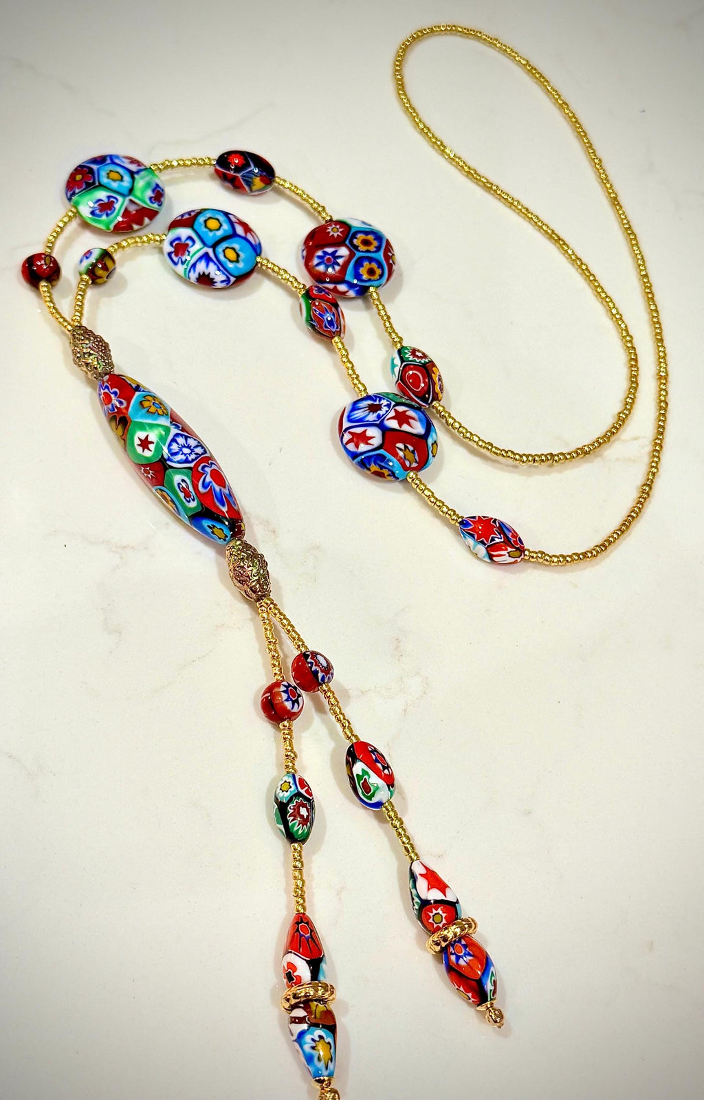 Rosario Leonardi Red Themed Murano Millefiori Glass Bead Lariat Necklace-Exclusive Ercole Moretti Beads