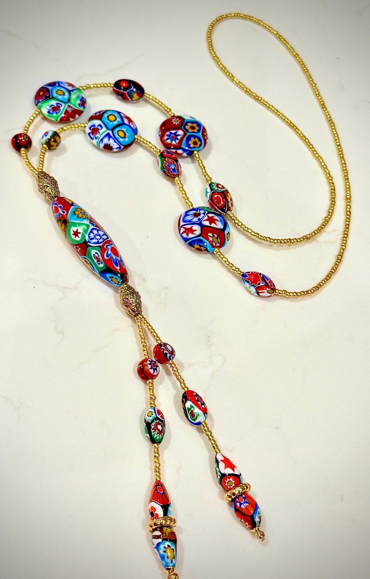 Rosario Leonardi Red Themed Murano Millefiori Glass Bead Lariat Necklace-Exclusive Ercole Moretti Beads