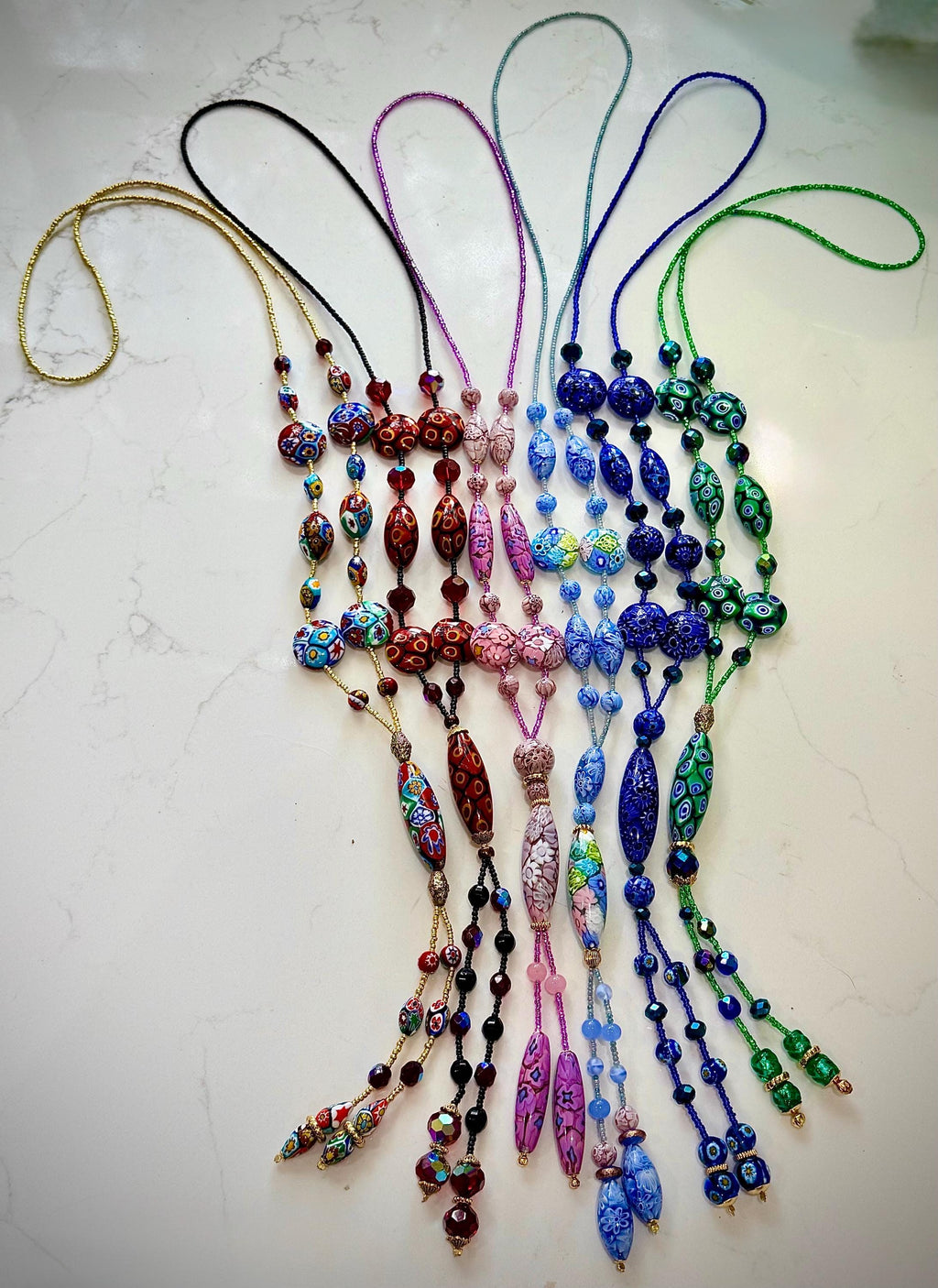 Rosario Leonardi Red Themed Murano Millefiori Glass Bead Lariat Necklace-Exclusive Ercole Moretti Beads