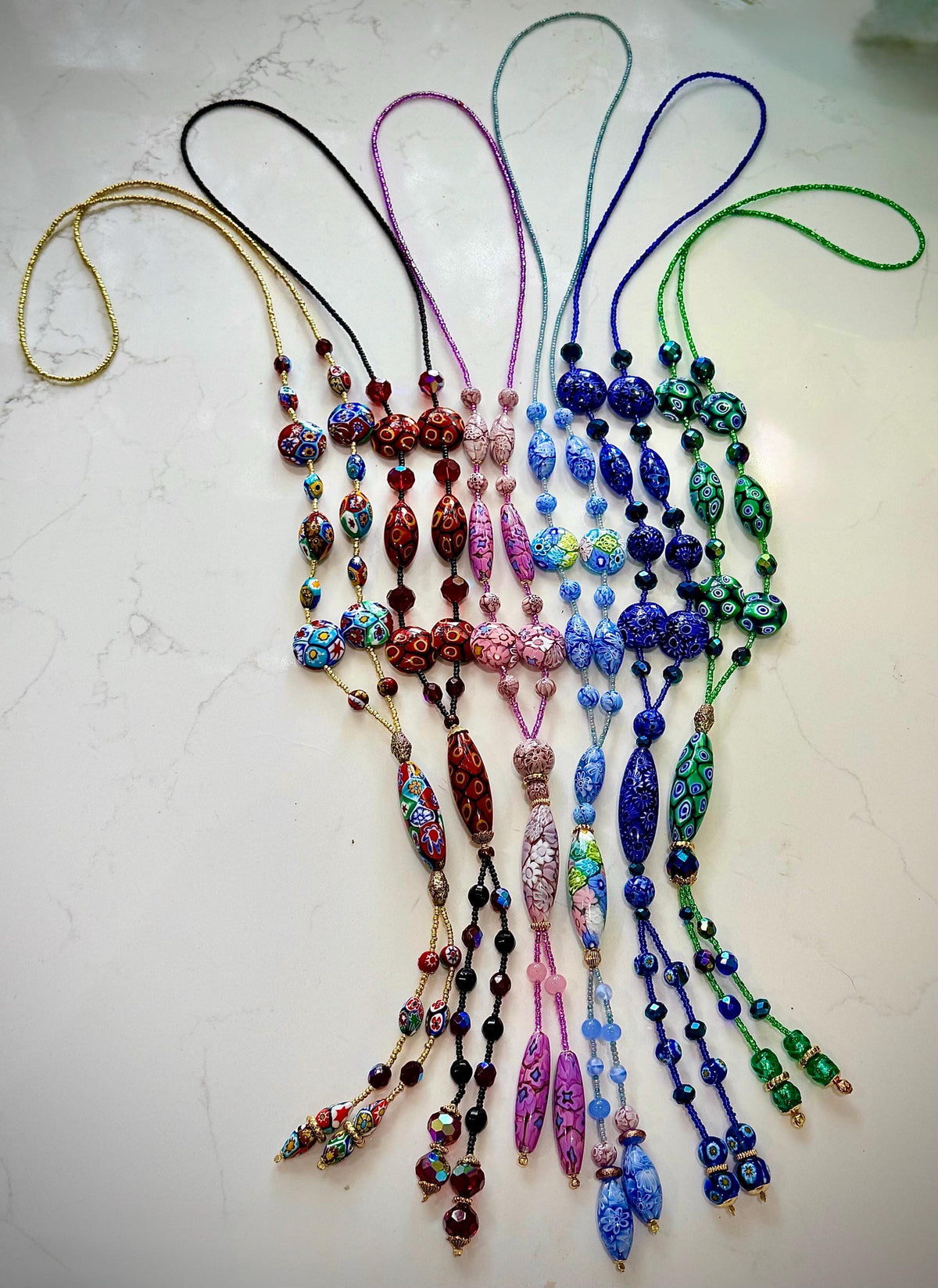 Rosario Leonardi Red Themed Murano Millefiori Glass Bead Lariat Necklace-Exclusive Ercole Moretti Beads