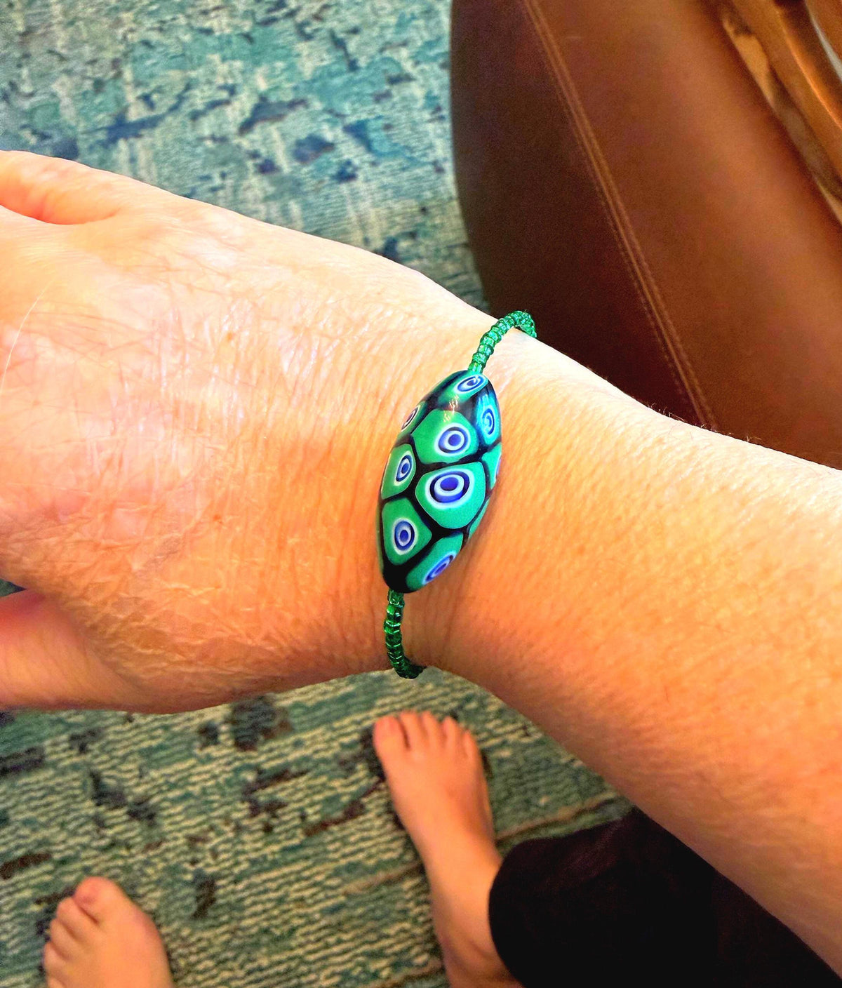 Rosario Leonardi Green Bracelet: Vintage Seed Beads, Ercole Moretti Focal Bead