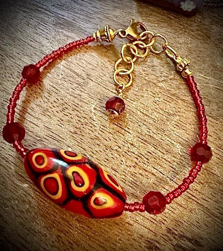 Rosario Leonardi Red Bracelet: Vintage Seed Beads, Ercole Moretti Focal Bead