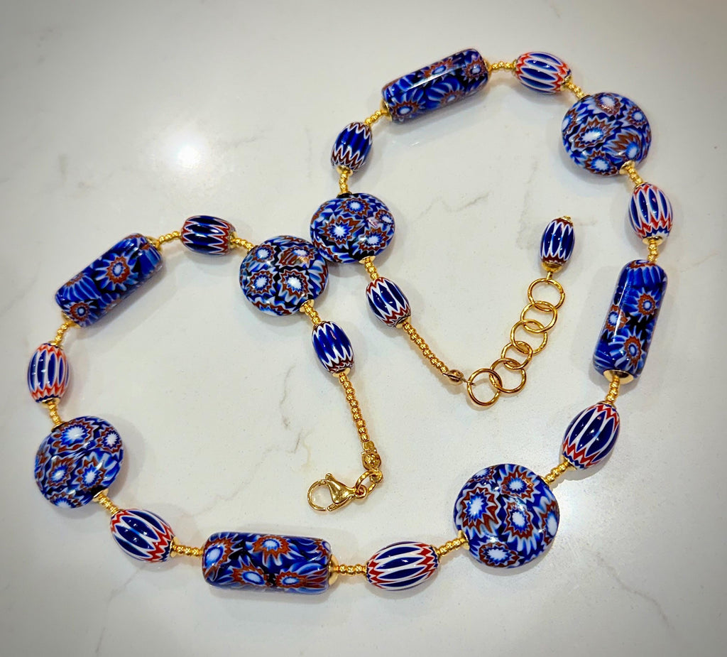 OOAK Patriotic Themed Red, White   And Blue 22” Necklace Featuring Ercole Moretti Vintage & New Millefioi Murano Glass Beads.