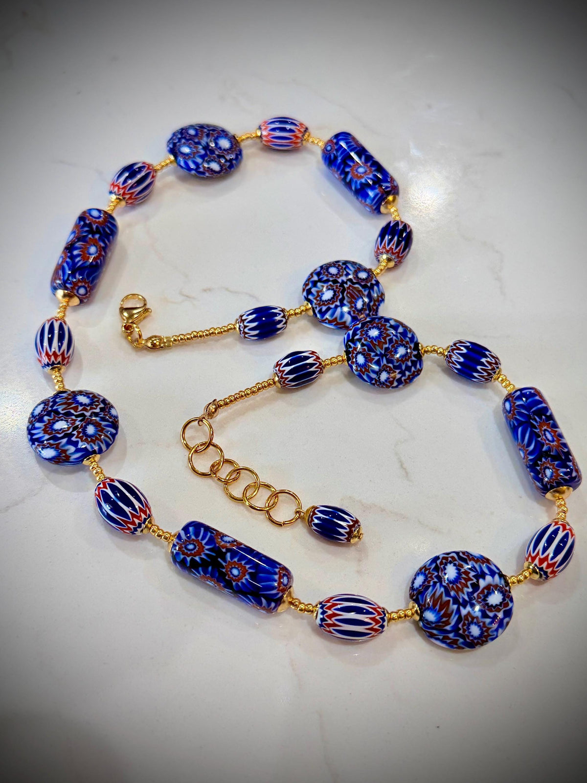 OOAK Patriotic Themed Red, White   And Blue 22” Necklace Featuring Ercole Moretti Vintage & New Millefioi Murano Glass Beads.