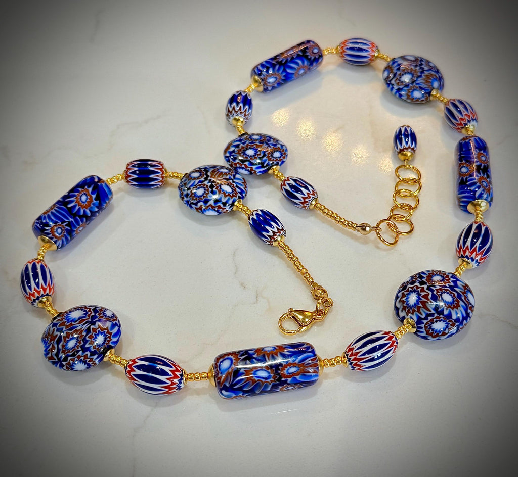 OOAK Patriotic Themed Red, White   And Blue 22” Necklace Featuring Ercole Moretti Vintage & New Millefioi Murano Glass Beads.