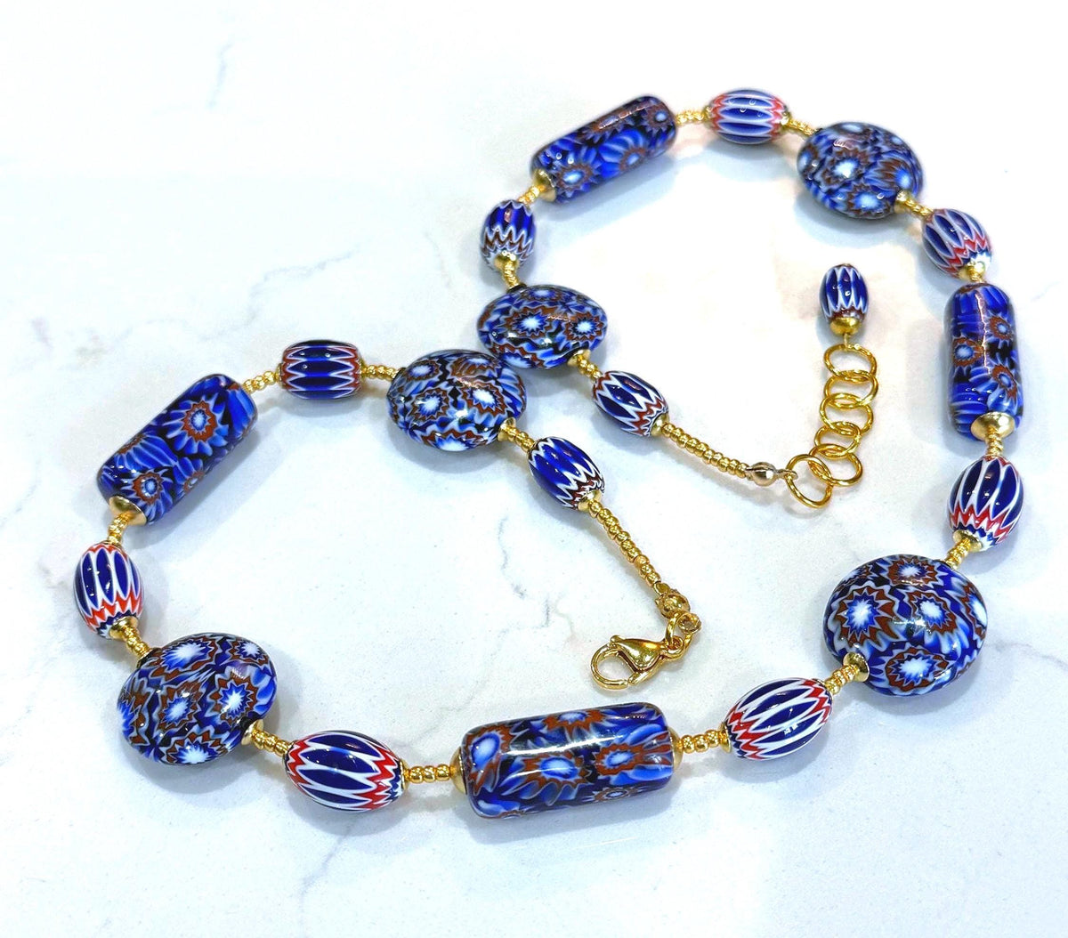 OOAK Patriotic Themed Red, White   And Blue 22” Necklace Featuring Ercole Moretti Vintage & New Millefioi Murano Glass Beads.